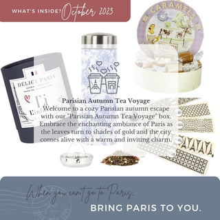 In this box, you'll discover a delightful assortment of treats that capture the essence of fall in the City of Light. Begin your journey with a charming blue and white toile travel teapot and cup set, reminiscent of a leisurely café experience on the cobblestone streets of Paris. Take me to Paris October Box Parisian Autumn Tea Voyage