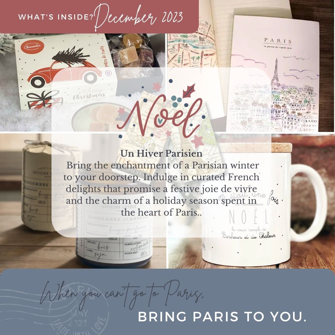 December 2023 Christmas Paris Subscription Box French Noel Mug French Parisian Candle Paris Guide book, Paris Matches, 
