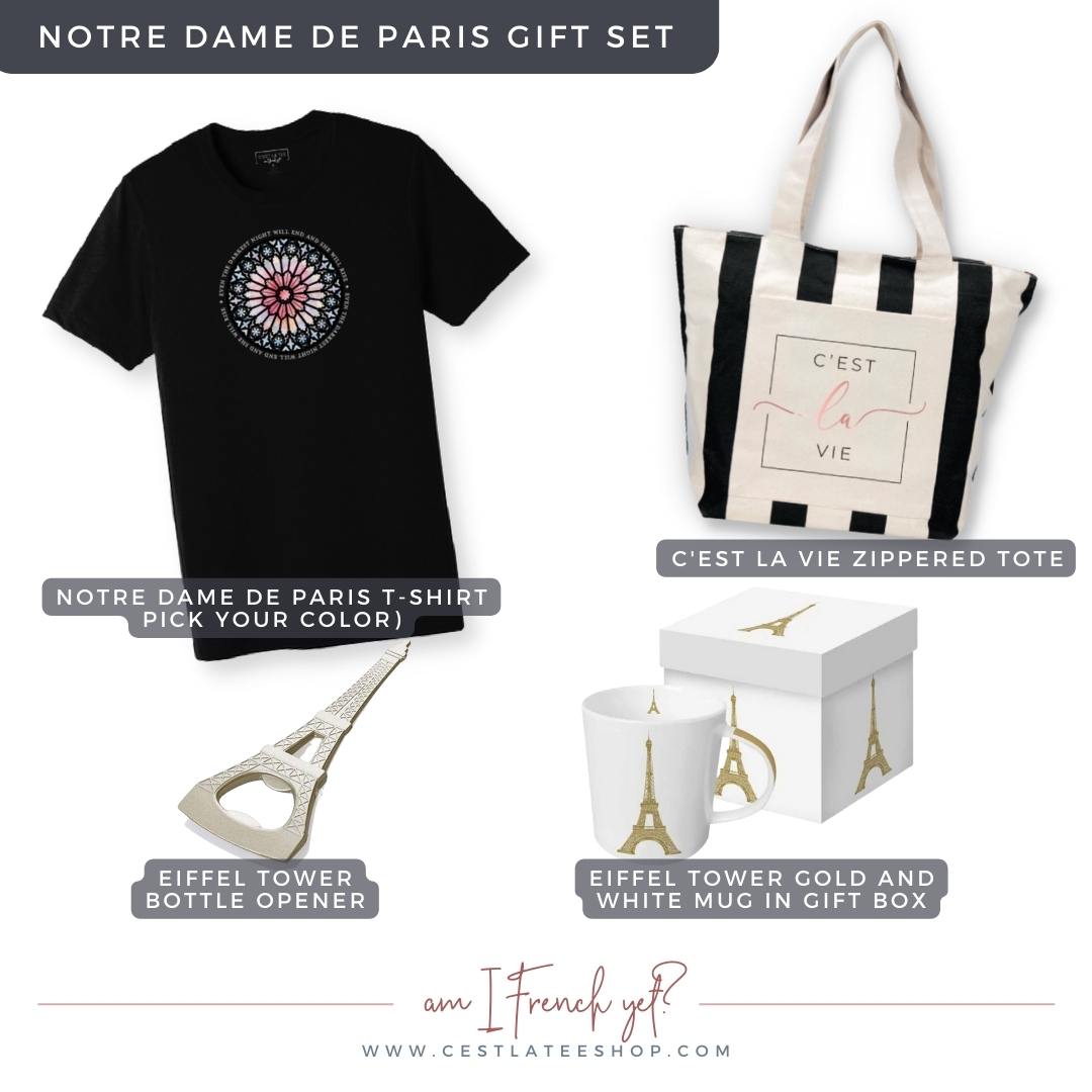 Notre Dame de Paris Gift Set Notre Dame de Paris Tribute Tee C'est La Vie Zippered Stripe Tote, Eiffel Tower Bottle Opener, Eiffel Tower Gold and White Mug in Gift Box