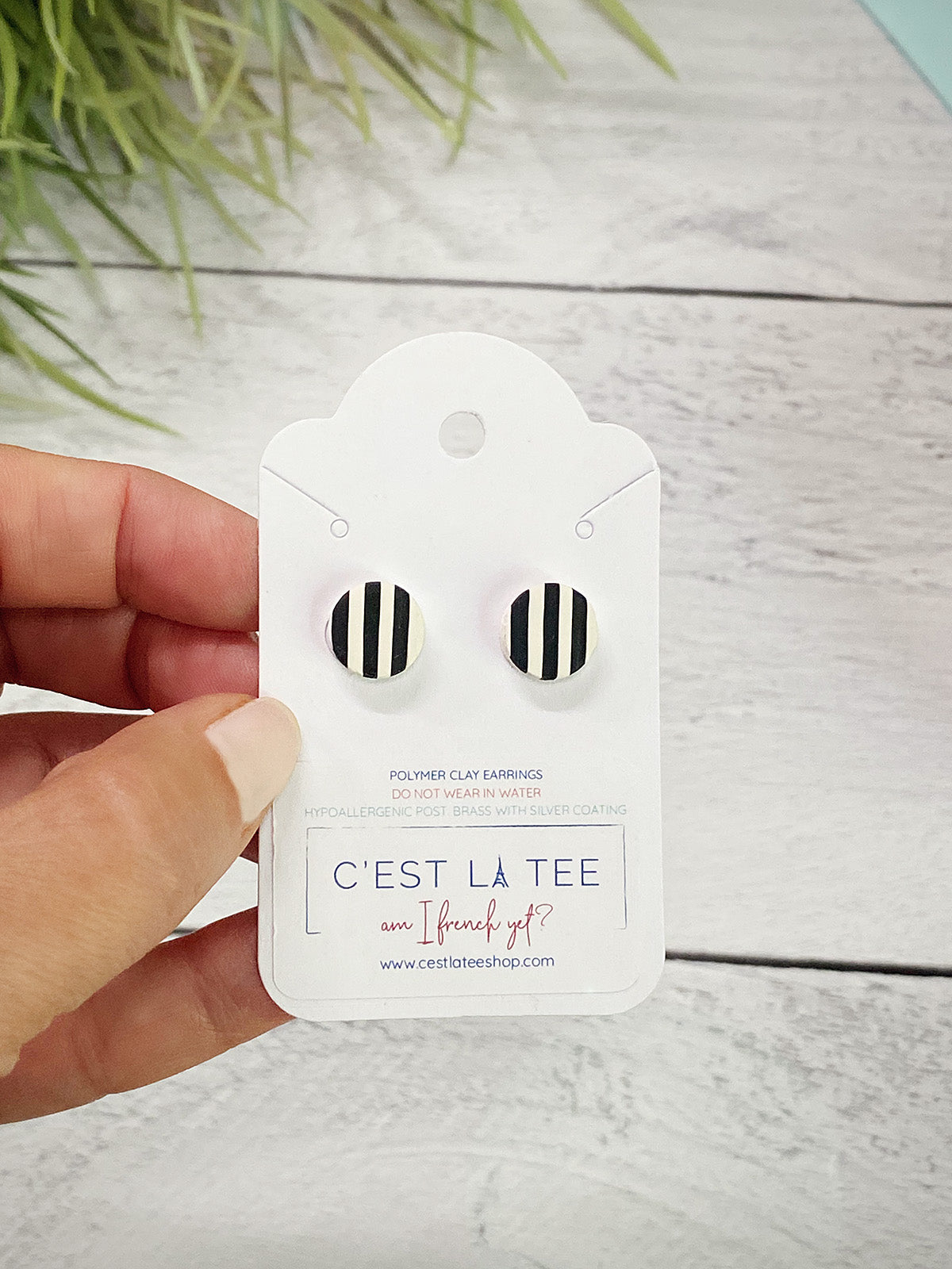 French or Paris striped dangle polymer clay earring black and white