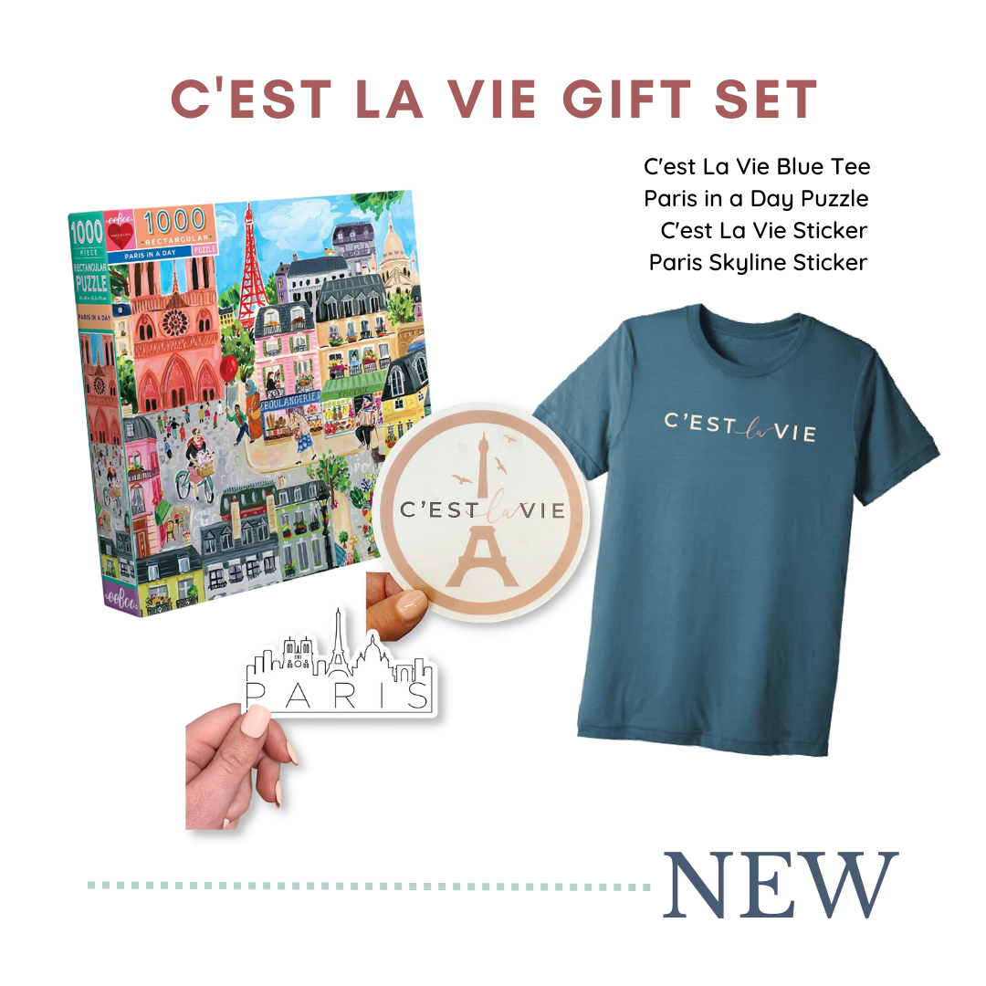 C'est la Vie Gift Set includes puzzle, t-shirt, Eiffel Tower sticker and Paris skyline sticker