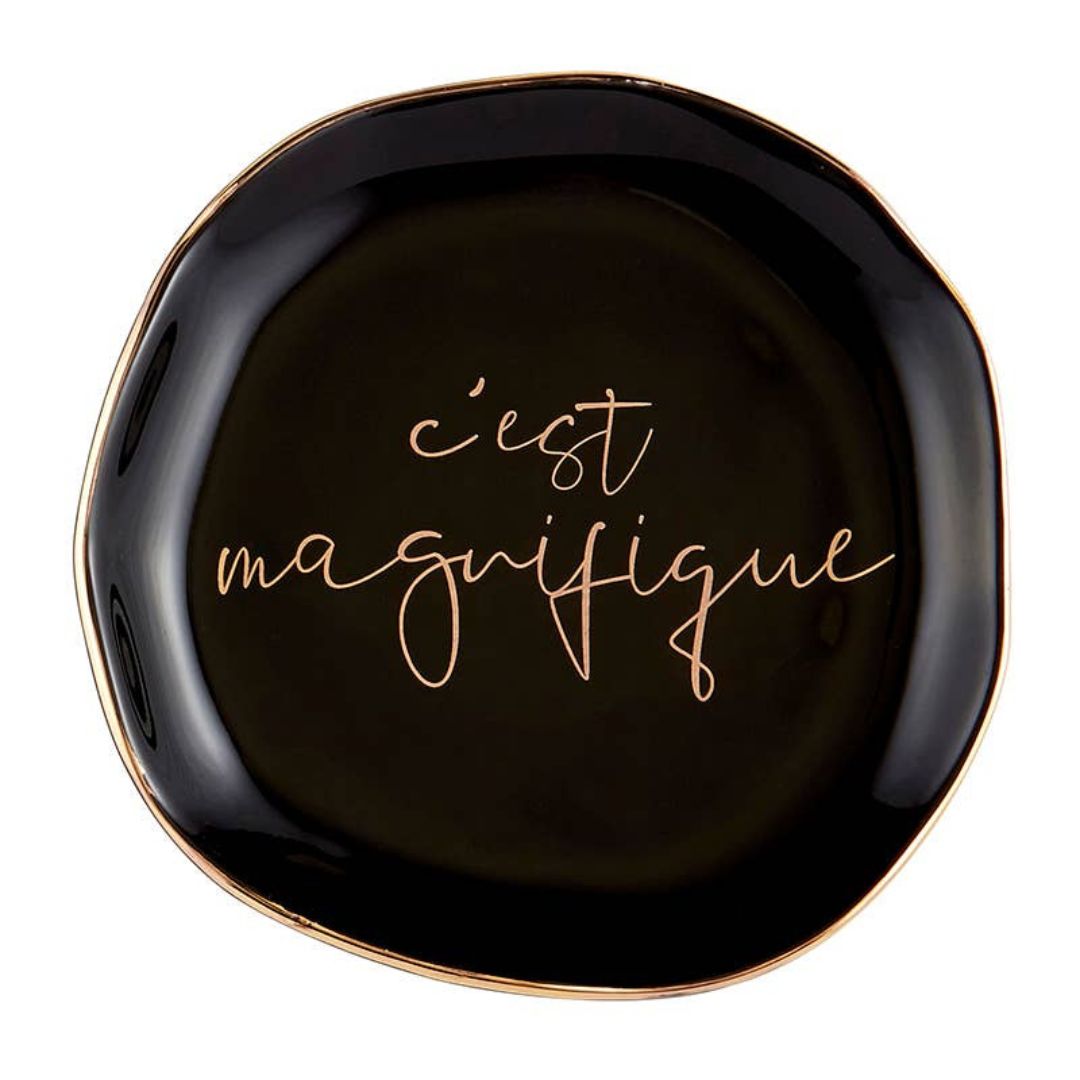 Cest Magnifique Trinket Ring Tray Black with gold lettering and gold trim