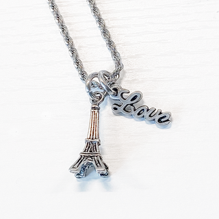 Eiffel Tower Pewter Love Charm Rope Necklace 20"
