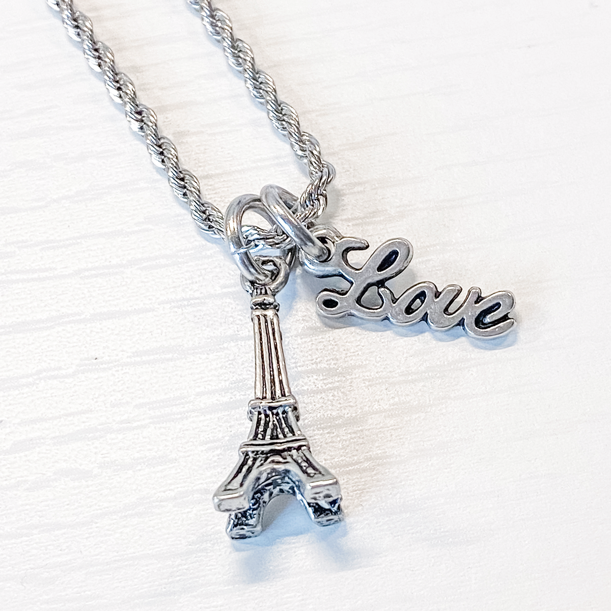 Eiffel Tower Pewter Love Charm Rope Necklace 20"
