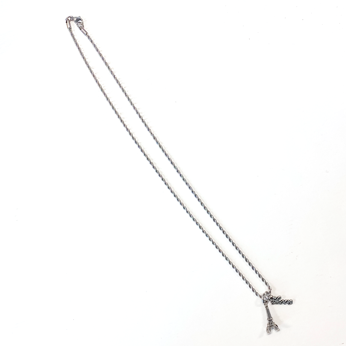 Eiffel Tower Pewter Love Charm Rope Necklace 20"