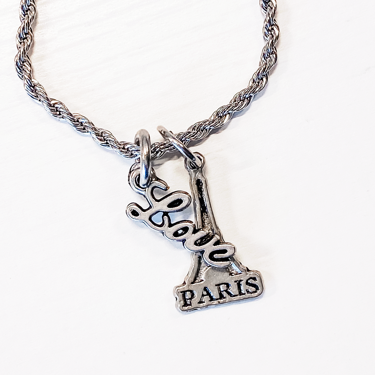 Eiffel Tower Pewter Love Charm Rope Necklace 20"