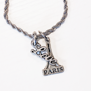 Eiffel Tower Pewter Love Charm Rope Necklace 20"