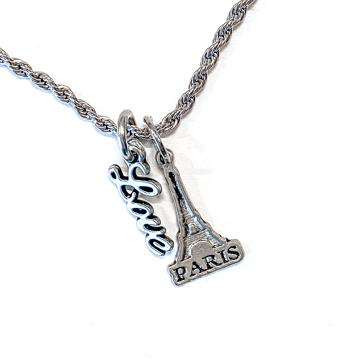 Eiffel Tower Pewter Love Charm Rope Necklace 20"