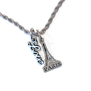 Eiffel Tower Pewter Love Charm Rope Necklace 20"