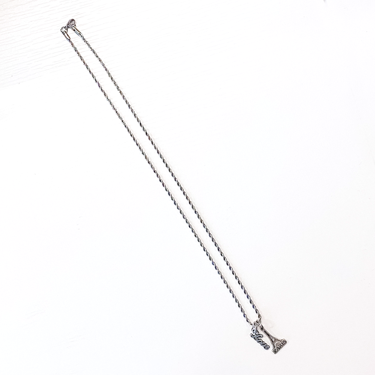 Eiffel Tower Pewter Love Charm Rope Necklace 20"