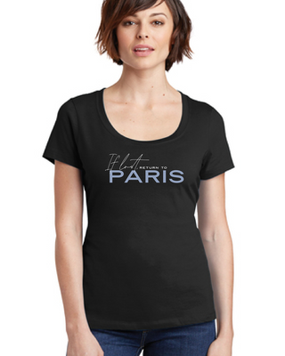 Woman model wearing black scoop neck t-shirt with French saying If Lost Return to Paris