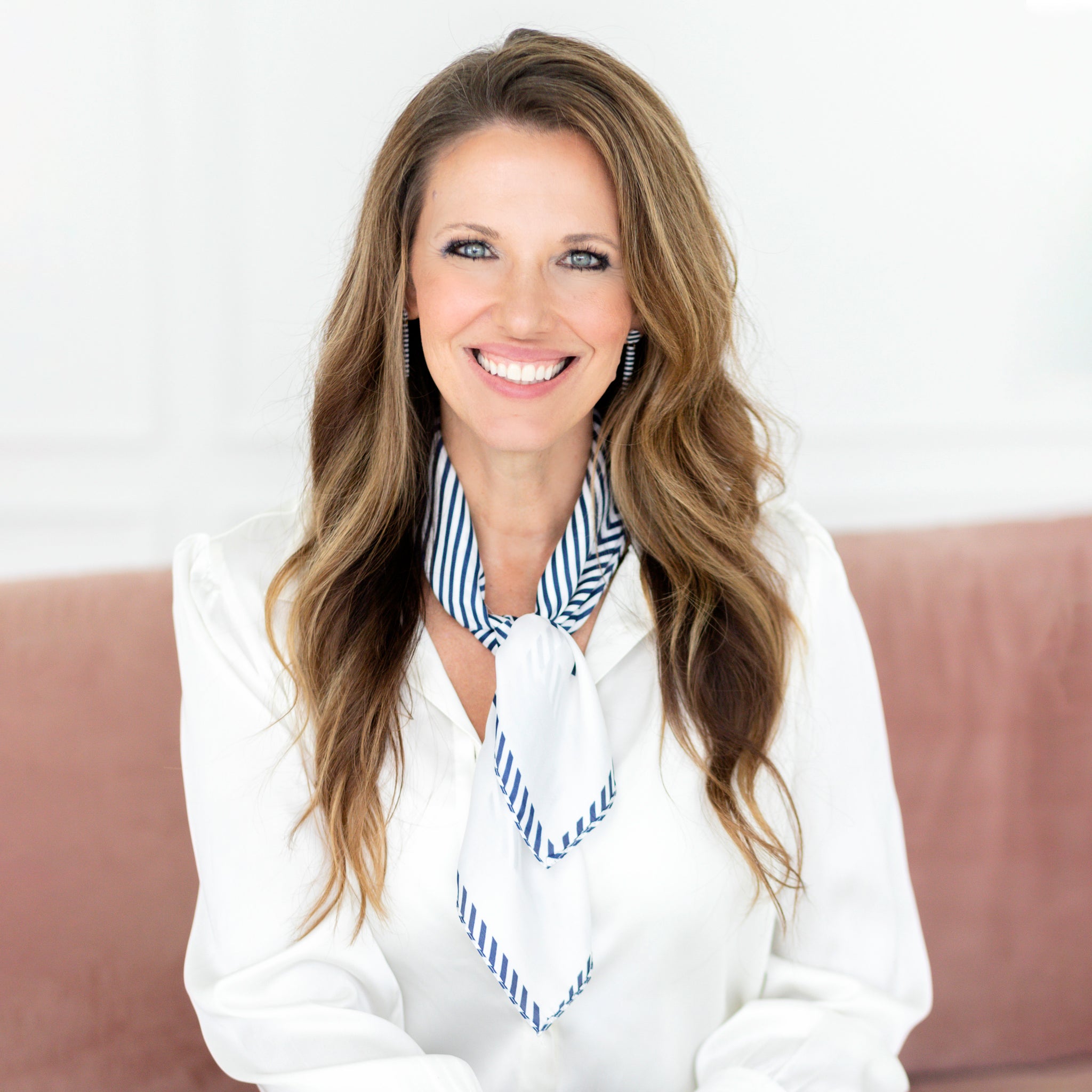Woman wearing French silk Square Scarf
