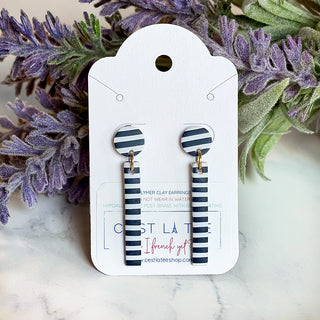French or Paris striped dangle polymer clay earring  Navy and white