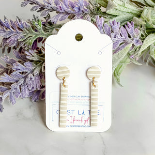 French or Paris striped dangle polymer clay earring beige and white