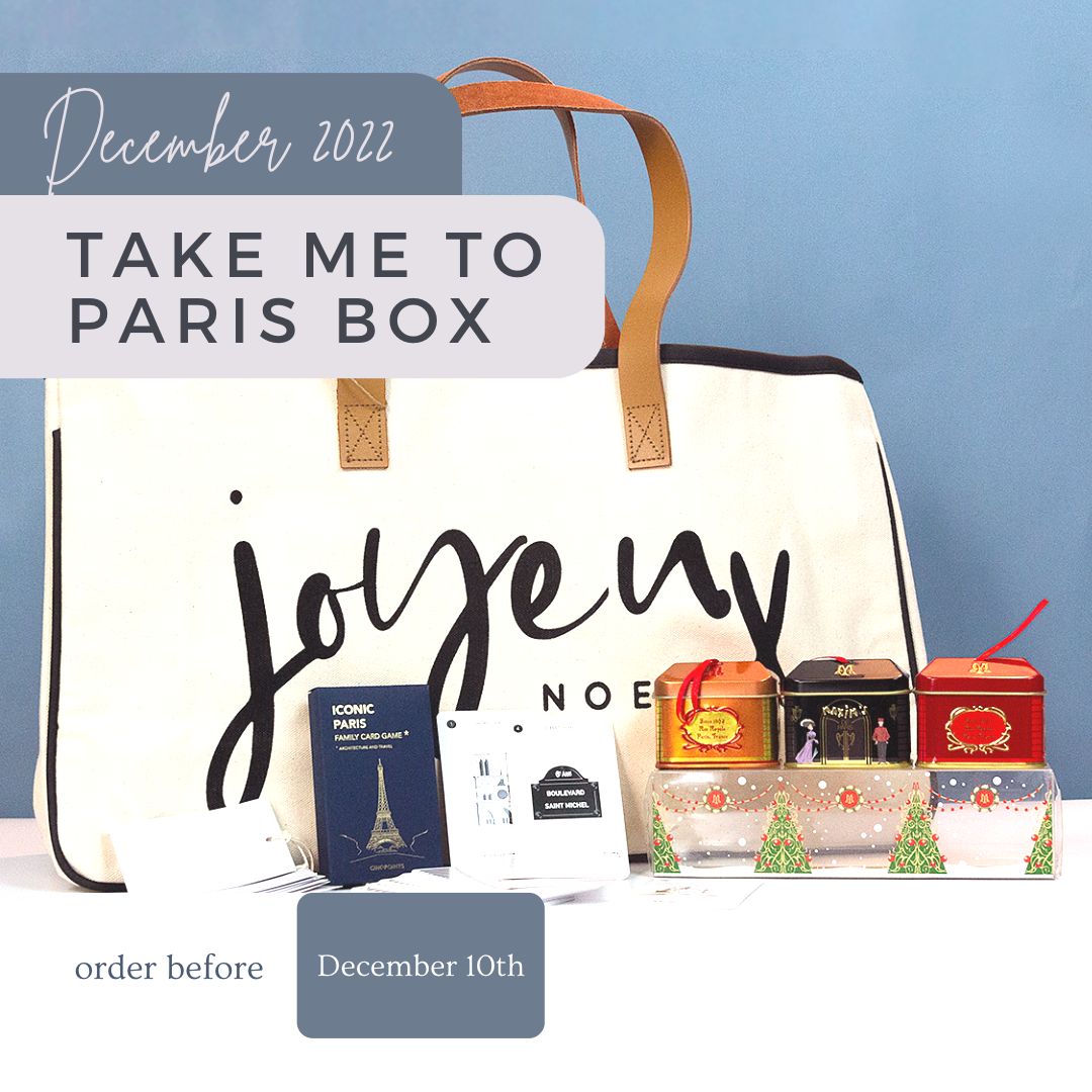 December 2022 Take Me to Paris Subscription Box Joyeaux Noel Tote Paris Icon Card Game Maxim Paris chocolate Joyeux Noel Gift Tags