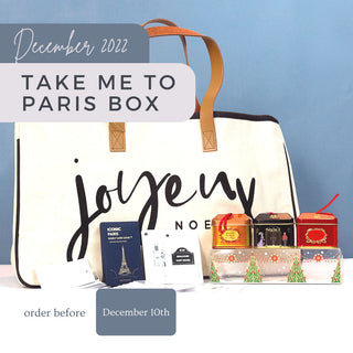 December 2022 Take Me to Paris Subscription Box Joyeaux Noel Tote Paris Icon Card Game Maxim Paris chocolate Joyeux Noel Gift Tags
