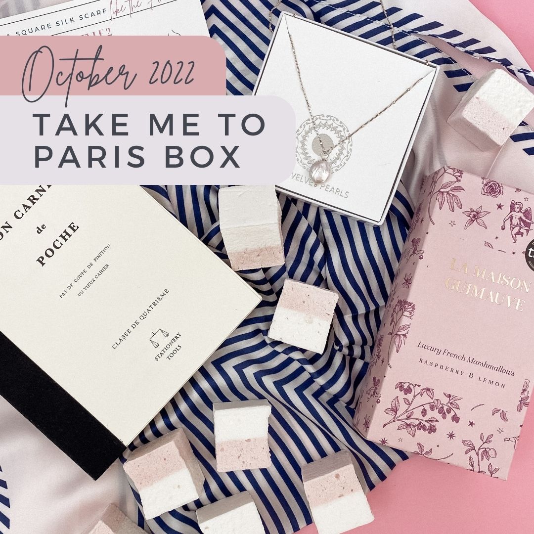 The Take Me to Paris monthly subscription Box. October 2022 Pearl necklace, Luxury French marshmallows, French journal, Parisian feel elegant pearl necklace 