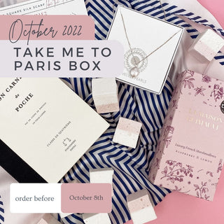 The Take Me to Paris monthly subscription Box. October 2022 Pearl necklace, Luxury French marshmallows, French journal, Parisian feel elegant pearl necklace  Edit alt text